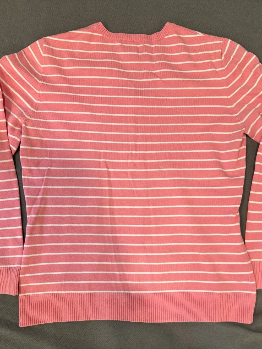 Lands' End Women's Pink and White Striped V-Neck Sweater Medium Casual Coastal